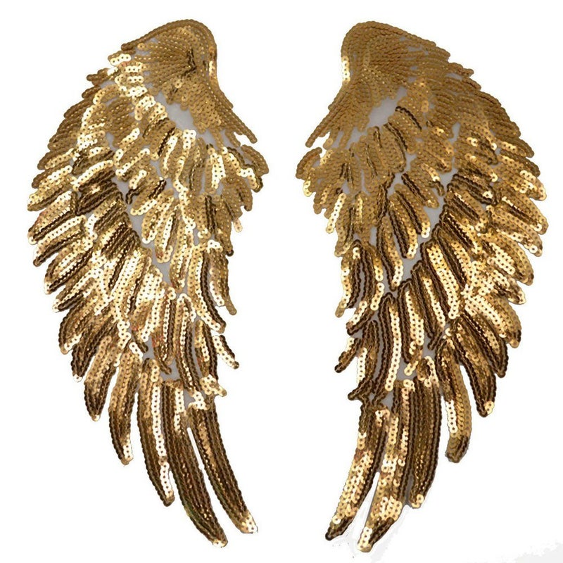 FEEPOP 1Pair Fashion Gold/Silver Angel Wings Sequins Patches for Clothing Iron-on Embroidered Patch Motif Applique DIY Xmas Accessories(5.5X12inch) (Gold) - Image 1